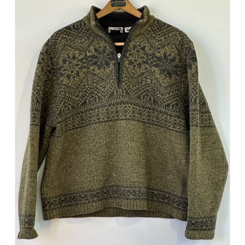 Obermeyer Sweater 1/4 Zip Fair Isle Wool Mens M Olive Green Excellent